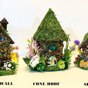 Mini STONE FAIRY HOUSES 3 Styles available with Stained Glass windows, Moss Roof Woodland Style Cottage Core Fairy Core image 9