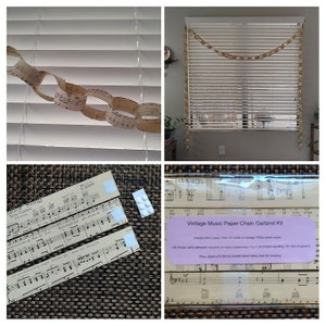May include: Vintage music paper chain garland kit. The kit includes three strips of music paper, 12 double-sided sticky dots for hanging, and 100 strips with adhesive squares for making the garland. The garland is made of vintage 1930s sheet music.