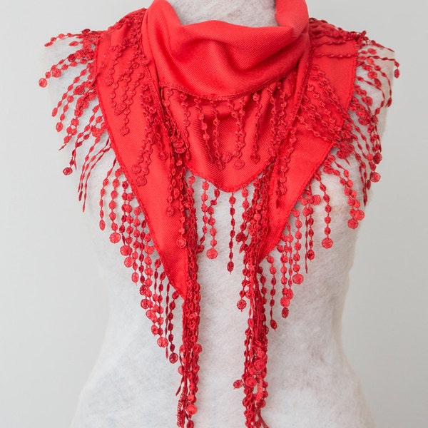 Red Scarf Winter Scarf Lace Fringe Thick Scarf Cotton Scarf Boho Scarf Gypsy Fashion Accessory Women Accessory Christmas Gift Women Fashion