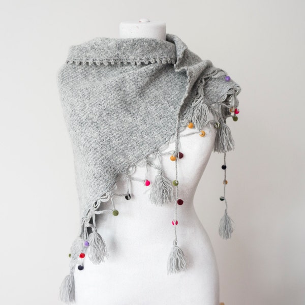 Gray Scarf Tassel Scarf Knit Scarf Triangle Scarf Women Fashion Scarf Women Accessory Gift For Her Spring Winter Fashion