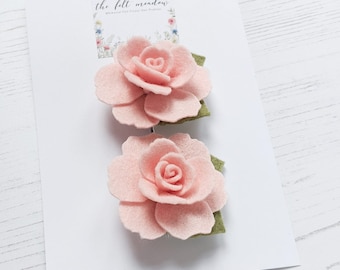 Rose Hair Clip Set, Pink Rose Hair Clip, Floral Hair Clips, Pigtail hair clips, toddler hair clips, Piggy Hair Clips,  felt rose