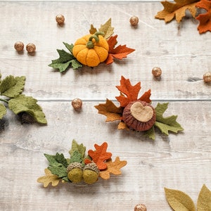 May include: Felt autumn-themed hair clips featuring a pumpkin, acorn, and heart design. The clips are decorated with green, orange, brown, and red felt leaves.