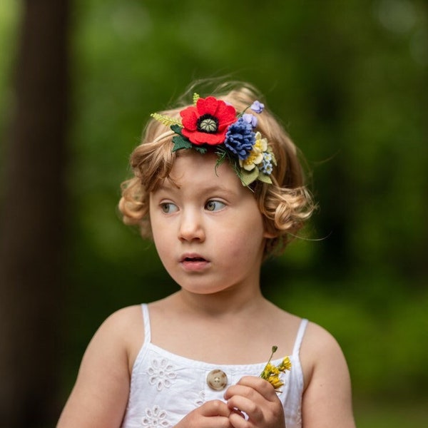 Wildflower Crown, Felt Flower Crown, Floral Hair Clip, Spring Headband, Floral Headband, Poppy, Flower Halo, Wedding Wreath, Wildflower Halo