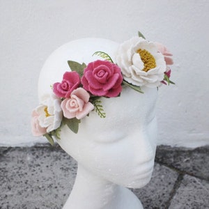 Peony and Roses Flower Crown, Rose Halo, Felt Floral Crown, pink rose Headband, Flower Girl Halo, Christening headband, Festival