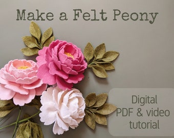 Felt peony pdf tutorial with video and printable pattern. DIY felt flower download, no sew