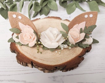 Baby Deer Headband, Deer Ears Headband, woodland Headpiece, blush pink and Ivory, woodland headband, newborn doe, floral deer ears