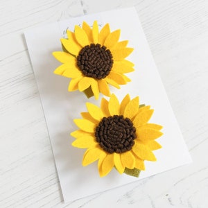 Felt Sunflower Hair Clip Set, Floral Hair Tie, sunflower hair piece, toddler hair clips, Piggy Hair Clips, pigtail bow set