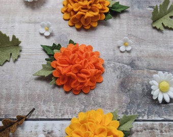 Felt Flower Hair Clip, Orange Marigold hair barrette, Autumn Floral hair pin, little girl gift, Whimsical Hair Piece, Bridesmaid Headband