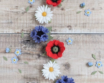 Wildflower Hair Clip Set, felt flower hair barrette, poppy hair pin, little girl gift set, daisy hair band