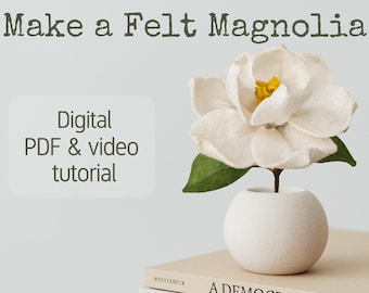 Felt magnolia pdf tutorial with video and printable pattern. DIY felt flower download, no sew