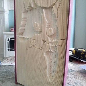 Może przedstawiać: Książka z pogiętymi stronami, tworząca trójwymiarowy obraz kociej twarzy. Książka jest oprawiona w burgundową okładkę.