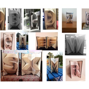 Puede incluir: Un collage de imágenes que muestran varios patrones de plegado de libros para las letras del alfabeto. Las letras están dobladas de las páginas de los libros y se mantienen de pie. Las letras incluyen A, B, E, M, R, S, V, W, X y Z. Las letras están dobladas en una variedad de colores y estilos. El texto "Patterns" aparece dos veces en la imagen.