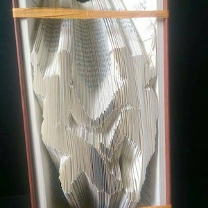 Puede incluir: Un libro con las páginas dobladas en un diseño tridimensional, que se asemeja a un par de pájaros. El libro está encuadernado en marrón y tiene una banda de goma amarilla alrededor.