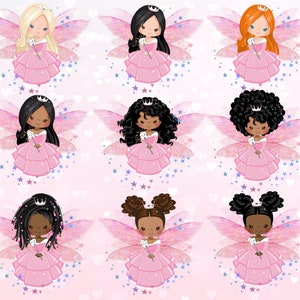 Peut inclure: Huit illustrations de f&eacute;es des dents avec diff&eacute;rentes coiffures et teintes de peau. Chaque f&eacute;e porte une robe rose, une couronne et des ailes. Elles tiennent une dent et une baguette.