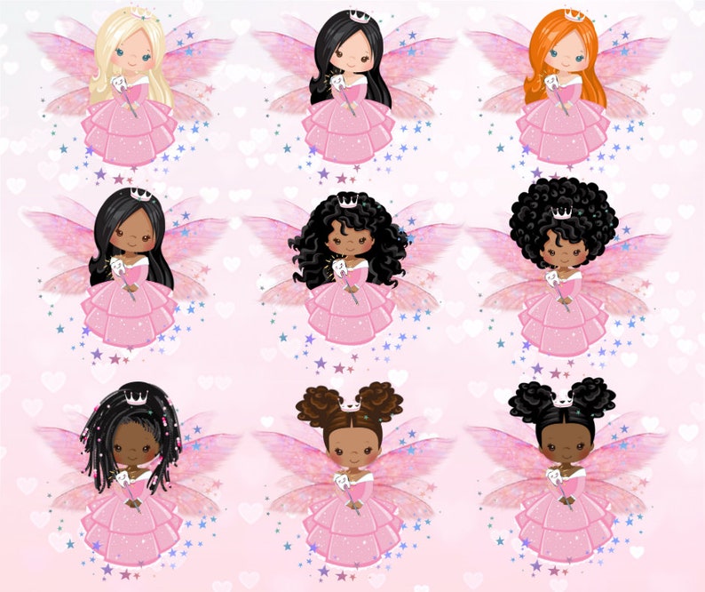 Peut inclure: Huit illustrations de f&eacute;es des dents avec diff&eacute;rentes coiffures et teintes de peau. Chaque f&eacute;e porte une robe rose, une couronne et des ailes. Elles tiennent une dent et une baguette.