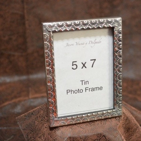 5x7 handcrafted tin picture frame, perfect for a 10th wedding anniversary gift or treasured photo. Jason Younis tinwork southwest style