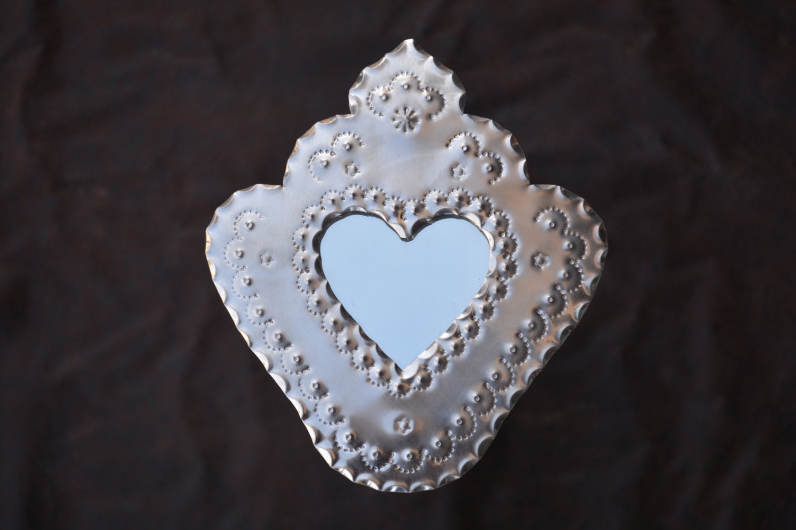 Tin Heart Mirror Corazon - Small hand punched tinwork