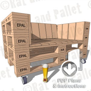 May include: A schematic of a pallet sofa with a backrest and armrests, constructed from wooden pallets. The design includes wheels for mobility and features "EPAL" and "EUR" markings. A beer glass and text "PDF Plans & Instructions" are also included.