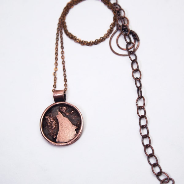 Wolf and Moon I - handmade unisex pendant of wolf head on full moon from copper wire and sheet, Spirit Animal
