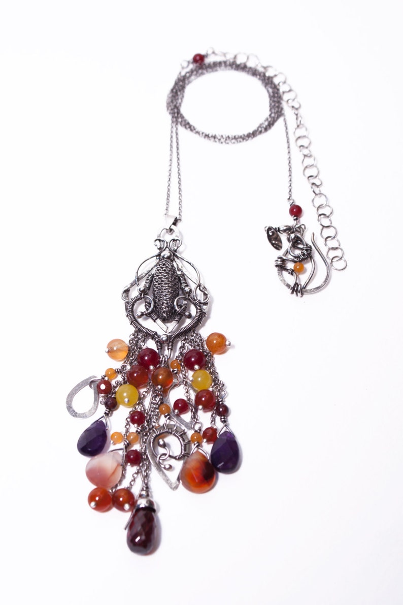 romantic wire weaved fine and sterling silver necklace with garnets long quartz and jades amethysts Lathander carneoles wire wrap