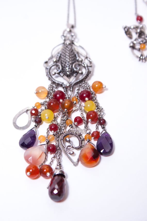 romantic wire weaved fine and sterling silver necklace with garnets long quartz and jades amethysts Lathander carneoles wire wrap