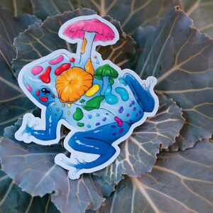 May include: A colorful frog sticker with a mushroom growing on its back. The frog is blue, green, yellow, orange, and pink. The mushroom is pink and white.