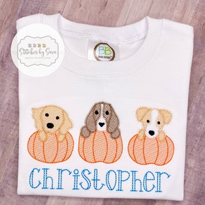 Puppy Pumpkin Trio Sketch Embroidery Shirt for Boys, monogrammed, fall, harvest