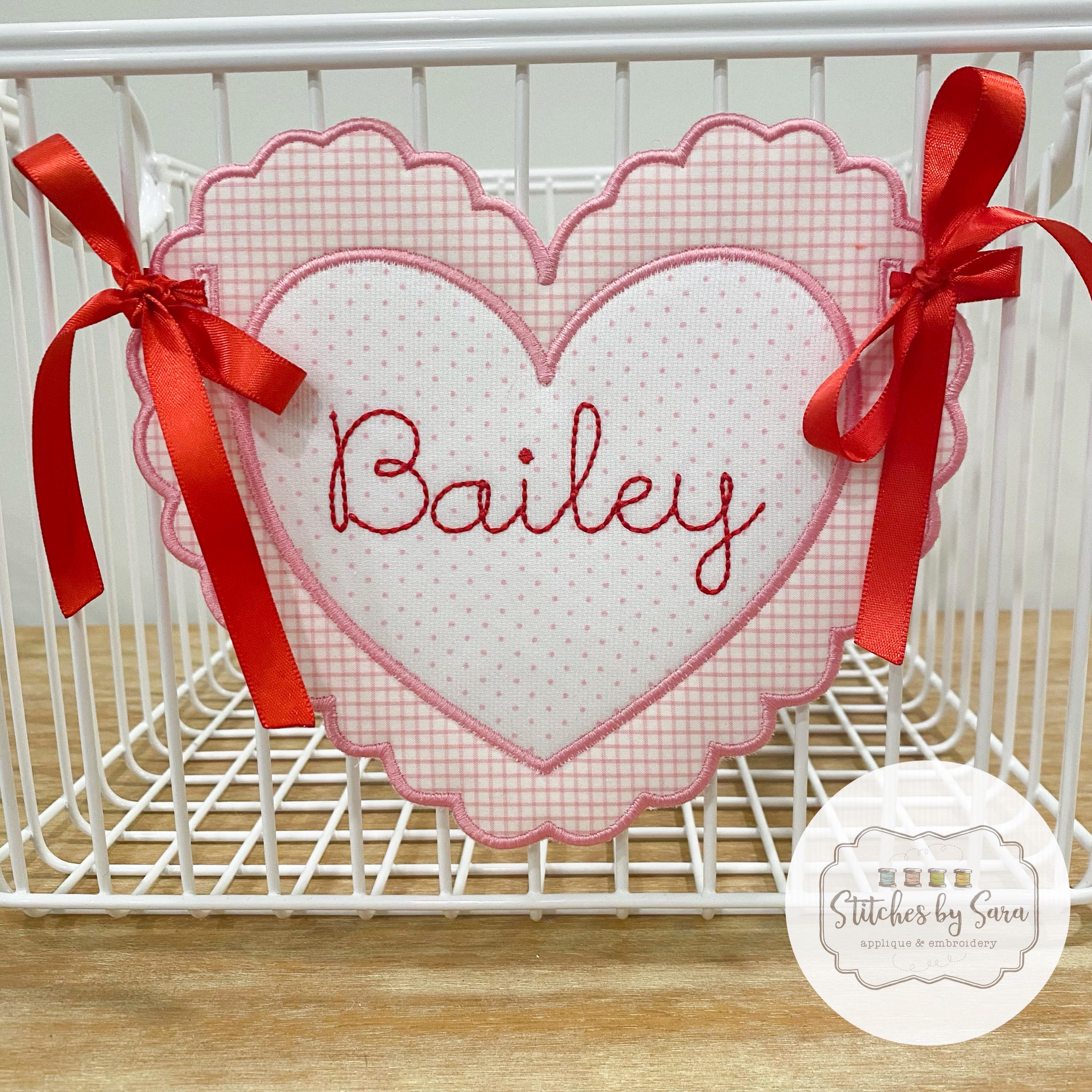 Valentine’s Day Scalloped Heart Basket Tag for Girls, monogrammed