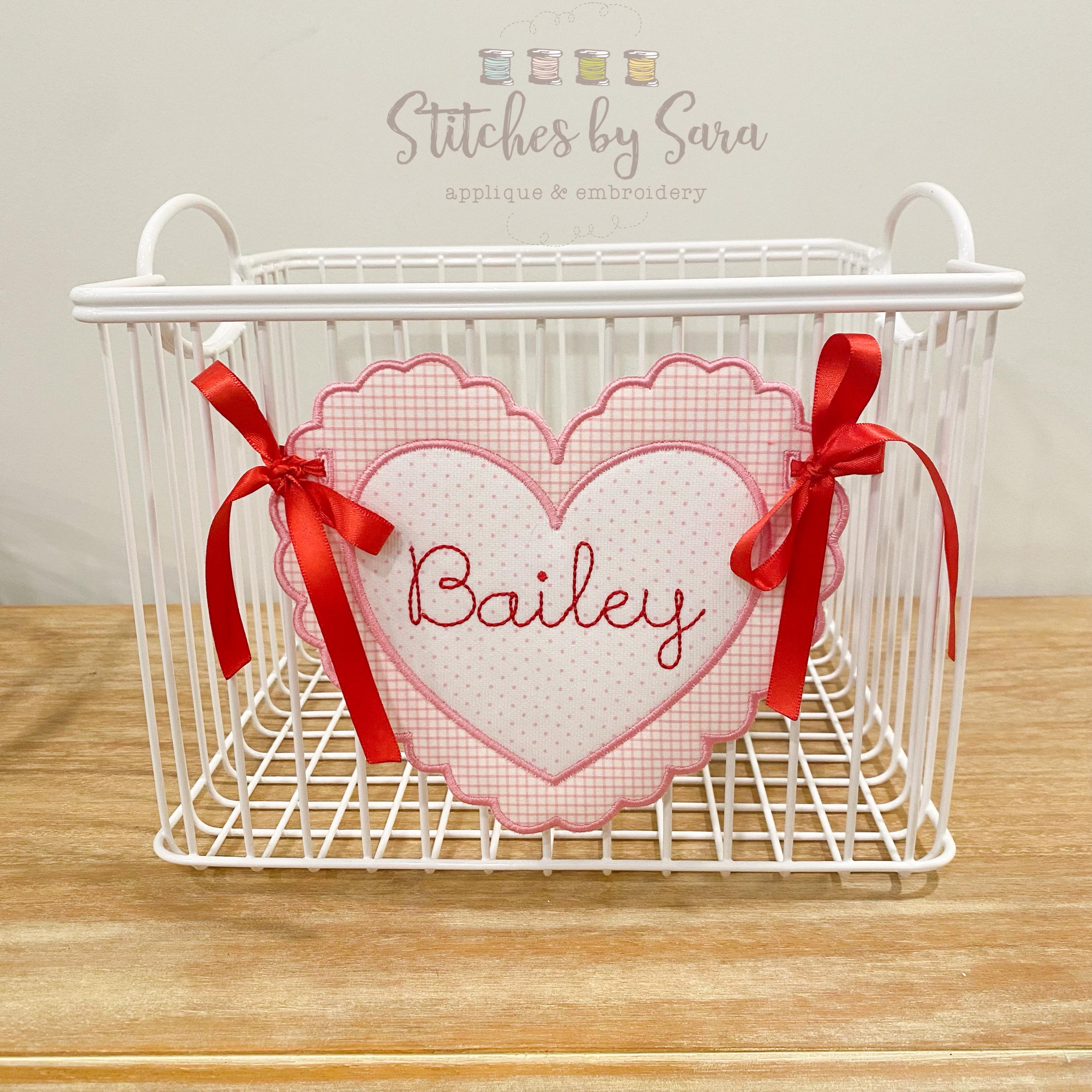 Valentine’s Day Scalloped Heart Basket Tag for Girls, monogrammed