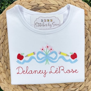 Back to School Floral Bow with Apples & Pencils Embroidered Shirt for Girls, monogrammed