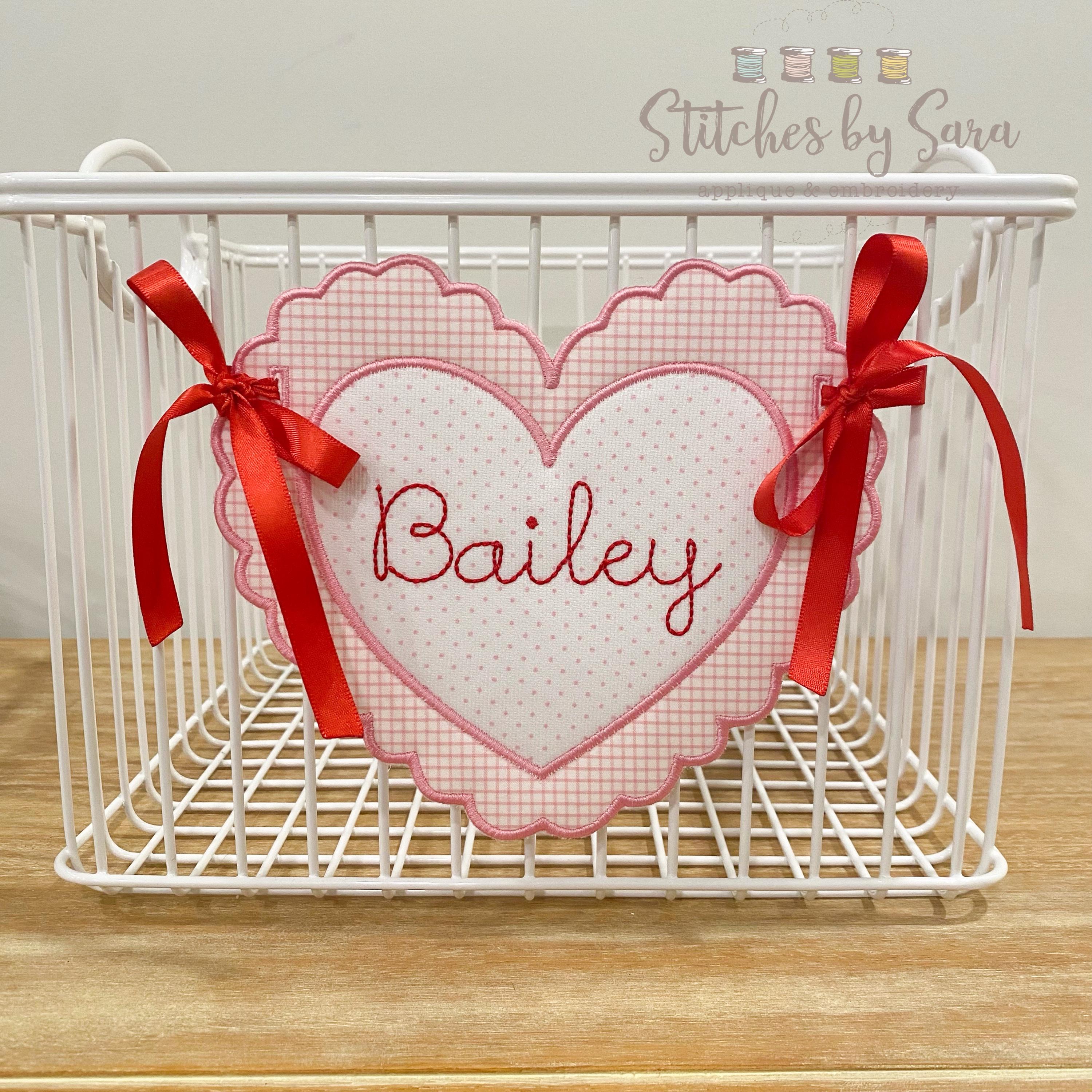 Valentine’s Day Scalloped Heart Basket Tag for Girls, monogrammed