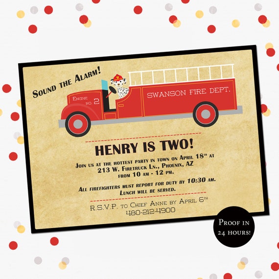 Firetruck Birthday Party Invitation, Boys Vintage Firefighter Invite, 5 x 7 DIY Printable PDF or JPEG, Fireman, Dalmatian, Red and Black Il_570xn