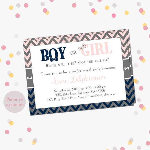 Bow tie or Hair Bow Gender Reveal Invitation, Navy blue, Gray and Pink Chevron Baby Invite, DIY Printable 5 x 7, Boy or Girl Il_570xn