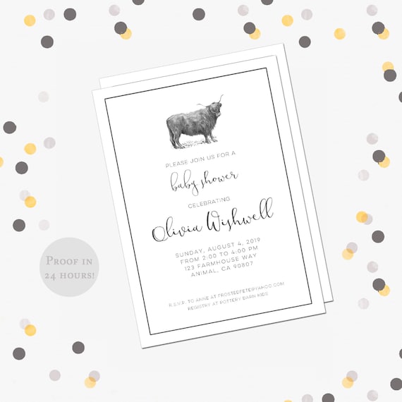 Vintage Farm Baby Shower Invitation, Highland Cow baby Shower Invite, Gender neutral, Boy Shower Invitation, DIY Printable 5 x 7 Il_570xn