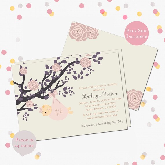 Tree Branch Baby Shower Invitation, Floral Baby Shower Invite, Stork Invitation, Flower It's a Girl Shower, DIY Printable Invite 5 x 7 Il_570xn