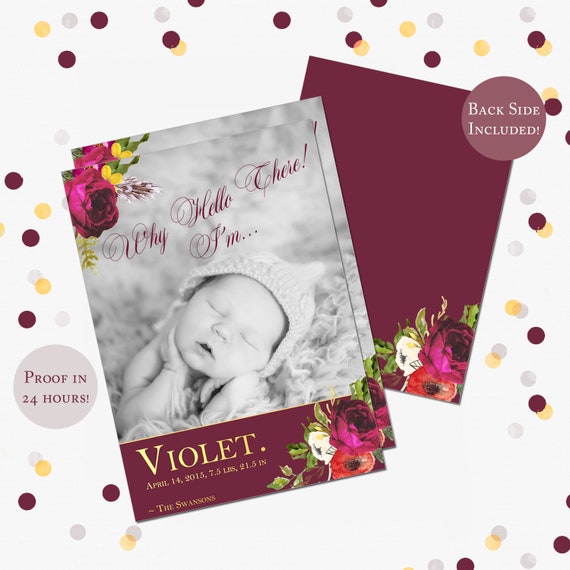 Girl Photo Birth Announcement, New Baby Floral Custom Picture, Why Hello There Watercolor Flowers Announcement Card Il_570xn