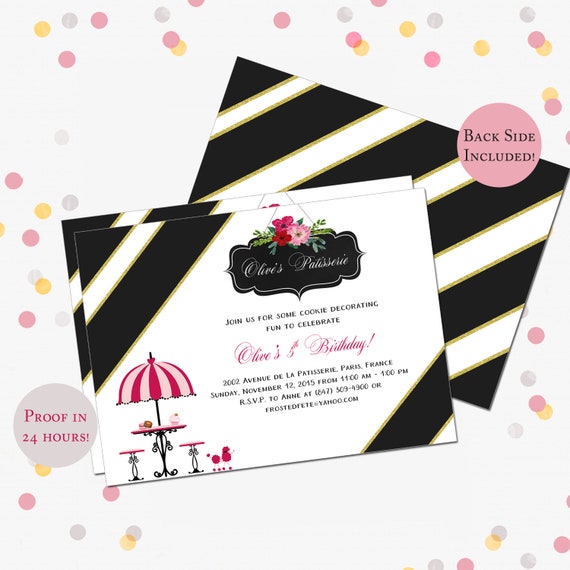 Paris Patisserie Birthday Party Invitation, French Bakery Invite, Poodle, Bistro, cookie decorating, DIY Printable, 5 x 7 Pink Black, Gold, Il_570xn
