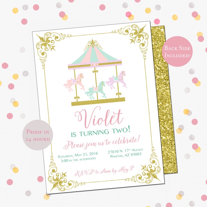 Carousel Birthday party Invite Vintage Horse Circus Merry Etsy
