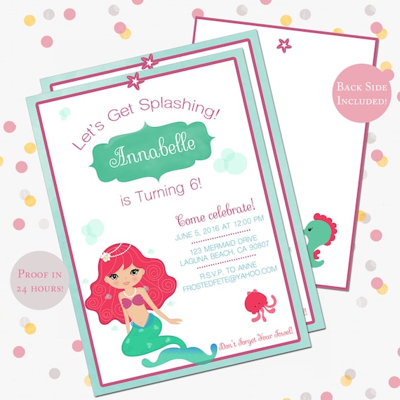 Mermaid Birthday Party Invitation, Under the Sea Party Invite, Little Mermaid Birthday, Ariel, 5 x 7 DIY Printable PDF or JPEG, Seahorse Il_570xn