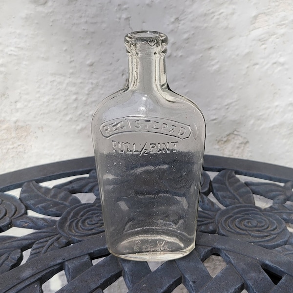 Vintage Half Pint Clear Glass Flask Bottle, Registered Full 1/2 Pint, 8 FL oz