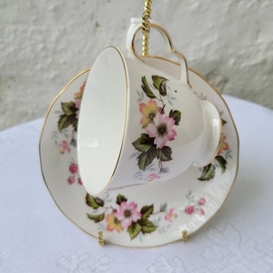 Queen Anne Ridgway Teacup and Saucer, Bone China, Made in England, pink floral green leaves, white ceramic, gold trim