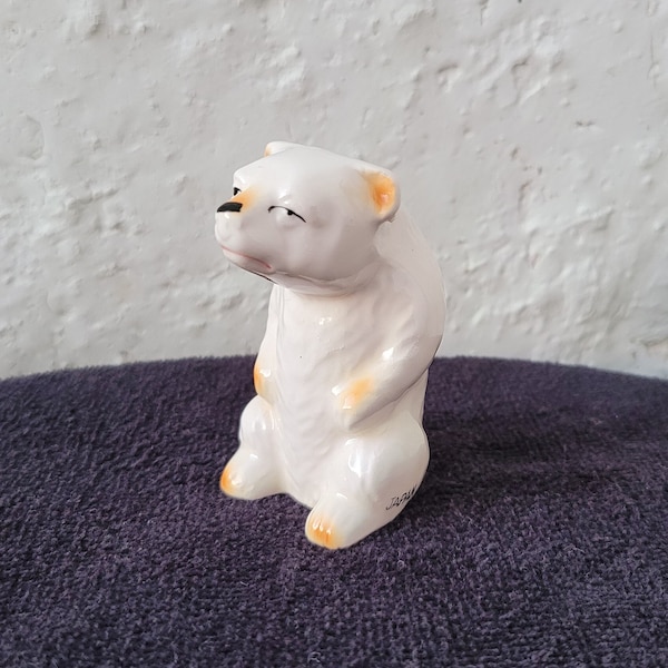 Miniature White Ceramic Polar Bear Figurine, Japan, Small Sitting Bear Figure, Vintage Collectible