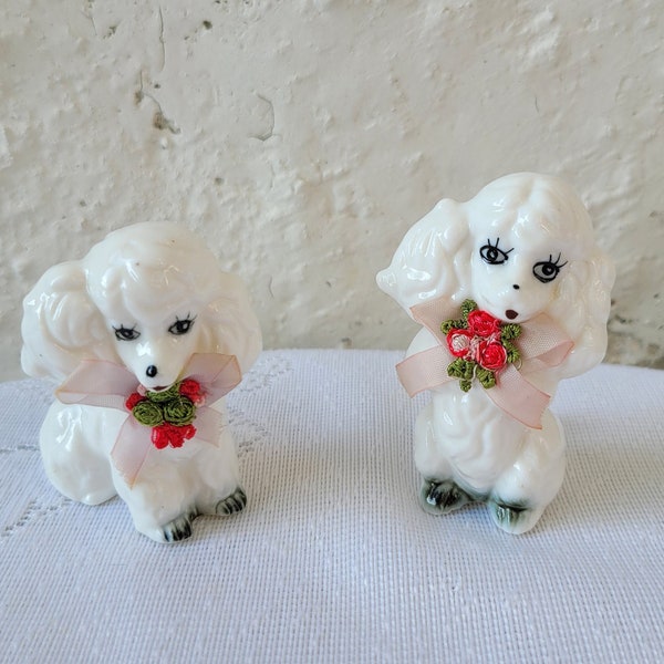 Pair of White Porcelain Poodle Figurines, Dogs, French Poodles, Pink Floral Bows Collars, Vintage Collectible Figures