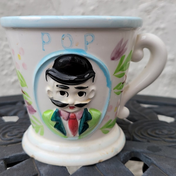 Pop Ceramic Decorative Coffee Tea Mug, Dad, Father, Raised Relief Man's Face with Mustache and Black Hat