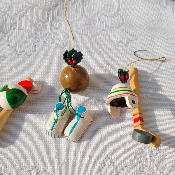 Kurt Adler Wooden Christmas Ornaments, 1984, Hockey Stick, Helmet, Puck, Baseball Bat, Ball, Cap, Shoes