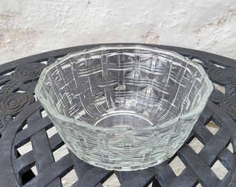 Clear round glass bowl with pressed woven design, basket bowl candy dish, Easter Spring Decor