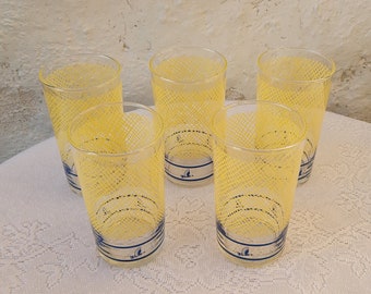 Libbey Glass Tumblers, Vintage Richfield Oil Collectible Beverage Glasses, Yellow Weave with Blue Eagles, Ducks, Set of 5