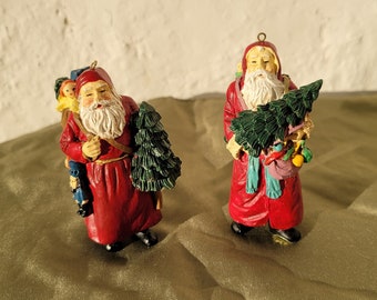 Two Santa Claus Figurine Ornaments, Santa Holding Tree, Backpack Sack with Toys, Made in Philippines