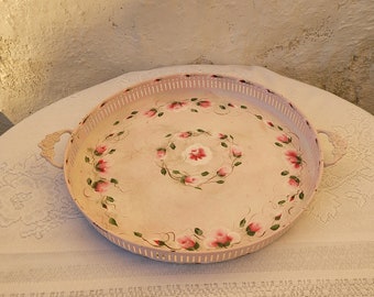 Pink Round Metal Serving Tray, Shabby cottage chic, hand-painted floral decorative tray, Aluminum Tray