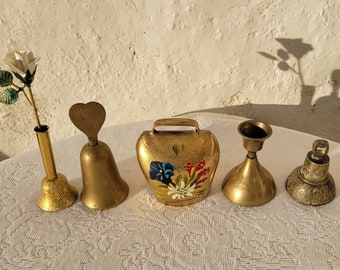 CHOICE of Brass Bells, Heart Dinner Bell, Candle Stick Holder Bell, White Flower, Metal Switzerland Hand Bell, Engraved Floral Bell